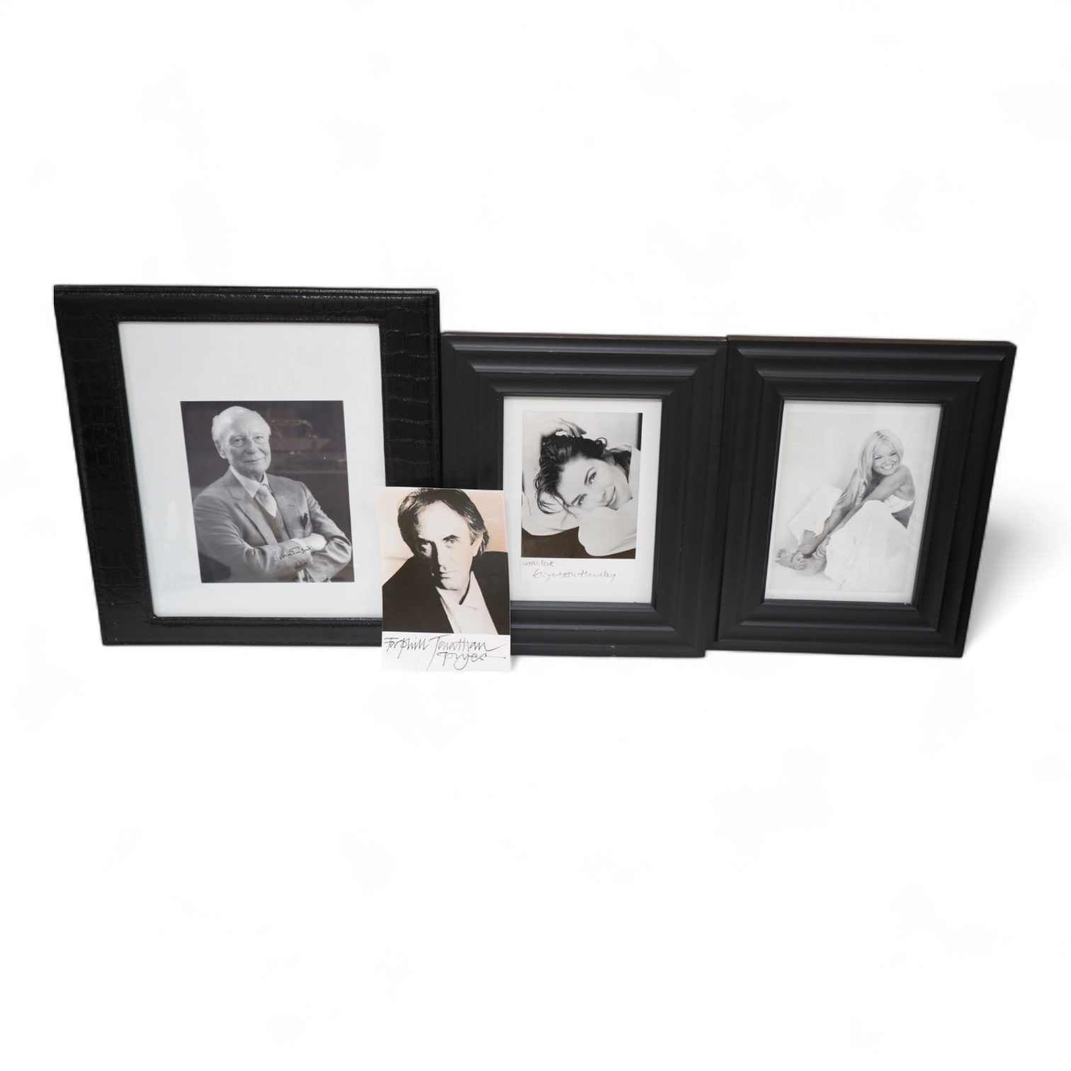 Four signed photographs to include, John Gielgud, Jonathan Pryce and Elizabeth Hurley, largest 28cm high